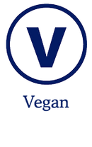 A circular blue 'V' icon above the word 'Vegan' in blue text on a white background.
