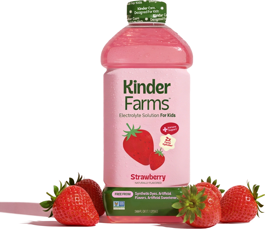 A bottle of Strawberry flavored Kinder Farms Electrolyte Solution for Kids with strawberry flavoring, shown alongside fresh whole strawberries around the bottle.