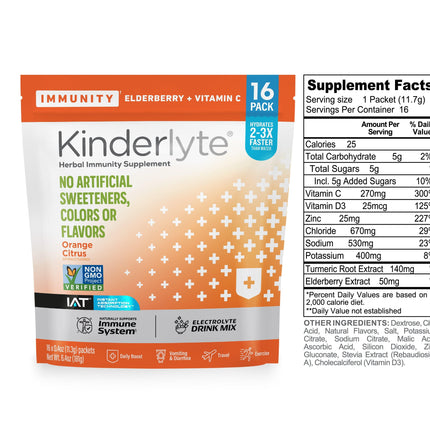3D rendering of KinderLyte® 16ct Powder bag and Supplement Facts against a plain background.
