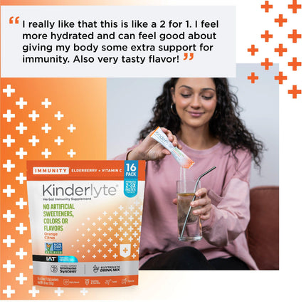 Image of a woman pouring a KinderLyte packet into a water bottle with a quote that reads: “I really like that this is like a 2 for 1. I feel more hydrated and can feel good about giving my body some extra support for immunity. Also very tasty flavor!"