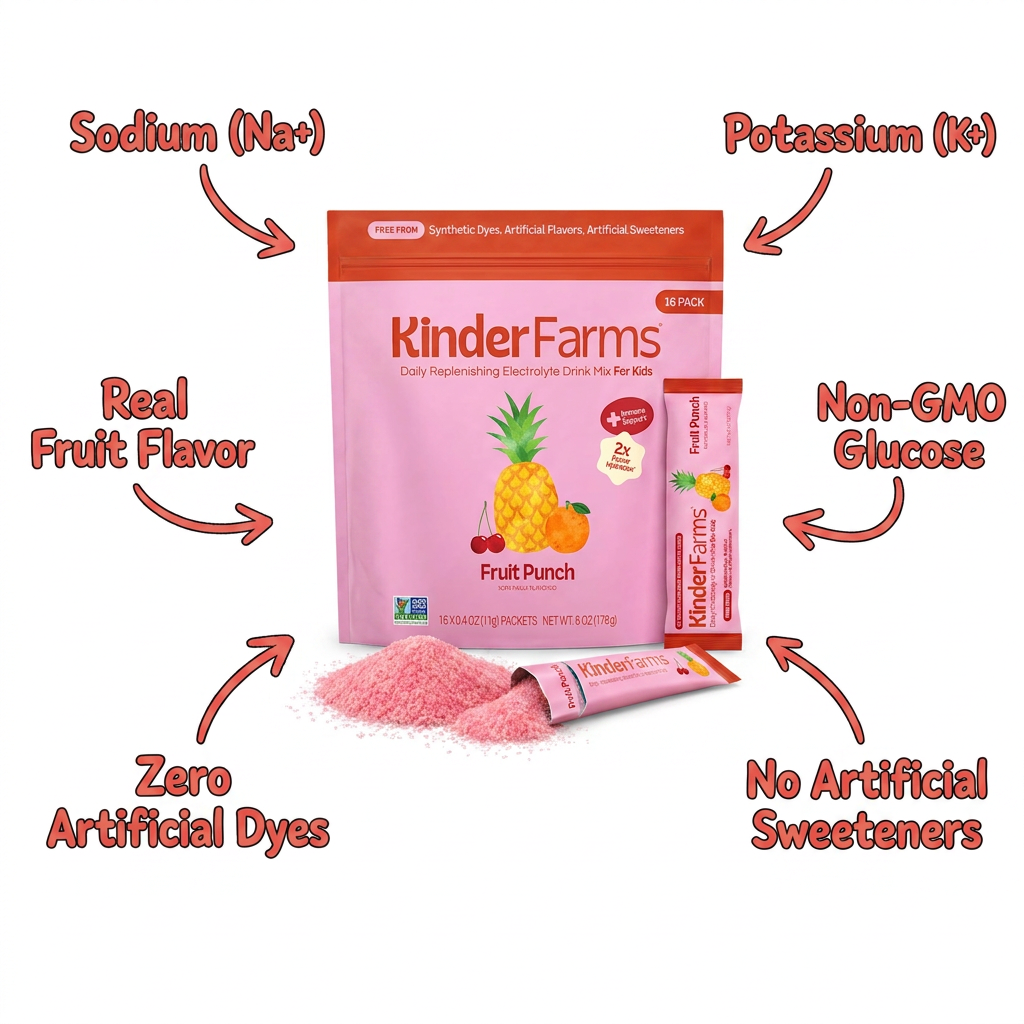 KinderFarms Fruit Punch drink mix with ingredient callouts: sodium, potassium, real fruit flavor, non-GMO glucose, no artificial sweeteners, zero artificial dyes