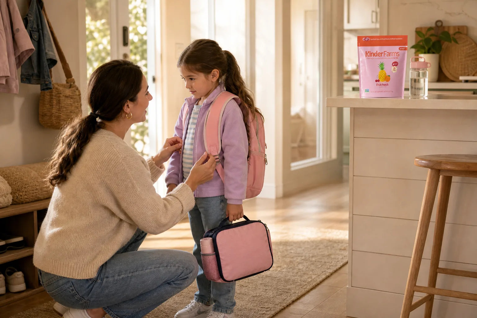 Mother helping her child get ready for school