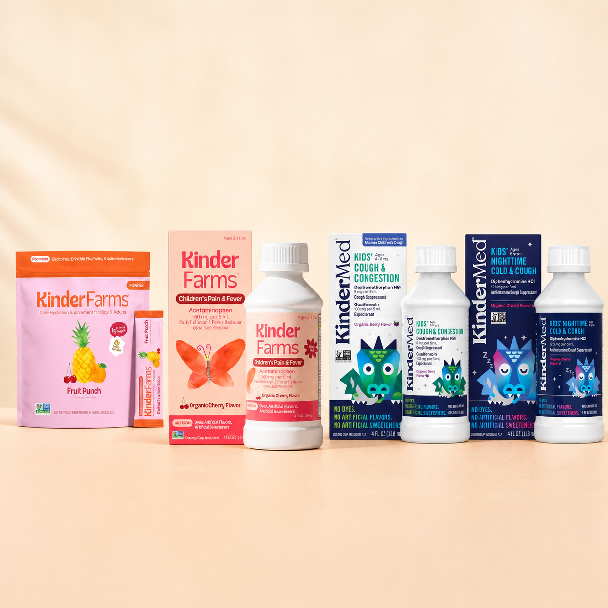 The KinderFarms Sick Day Ready Kit with Electrolyte Powder, Children's Pain and Fever, and Kids' Cough Day and Night care